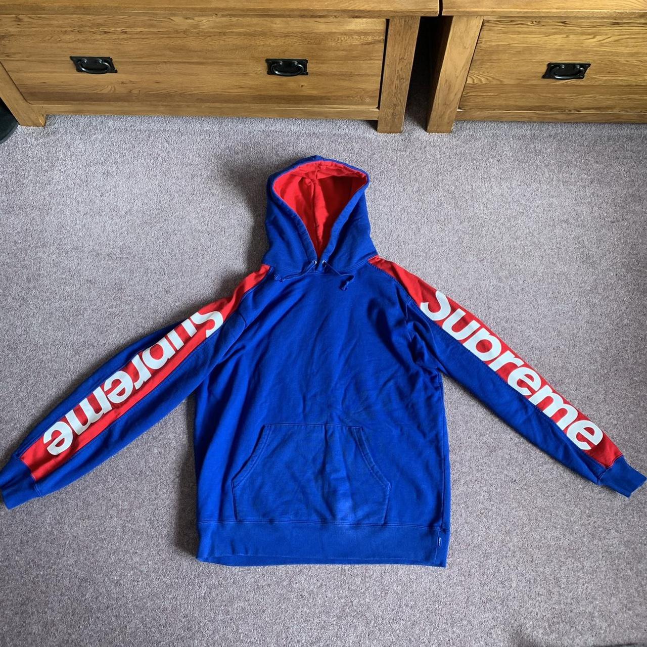 Supreme Sideline SS18 Pullover Hoodie Men's M Royal Blue Red Distressed