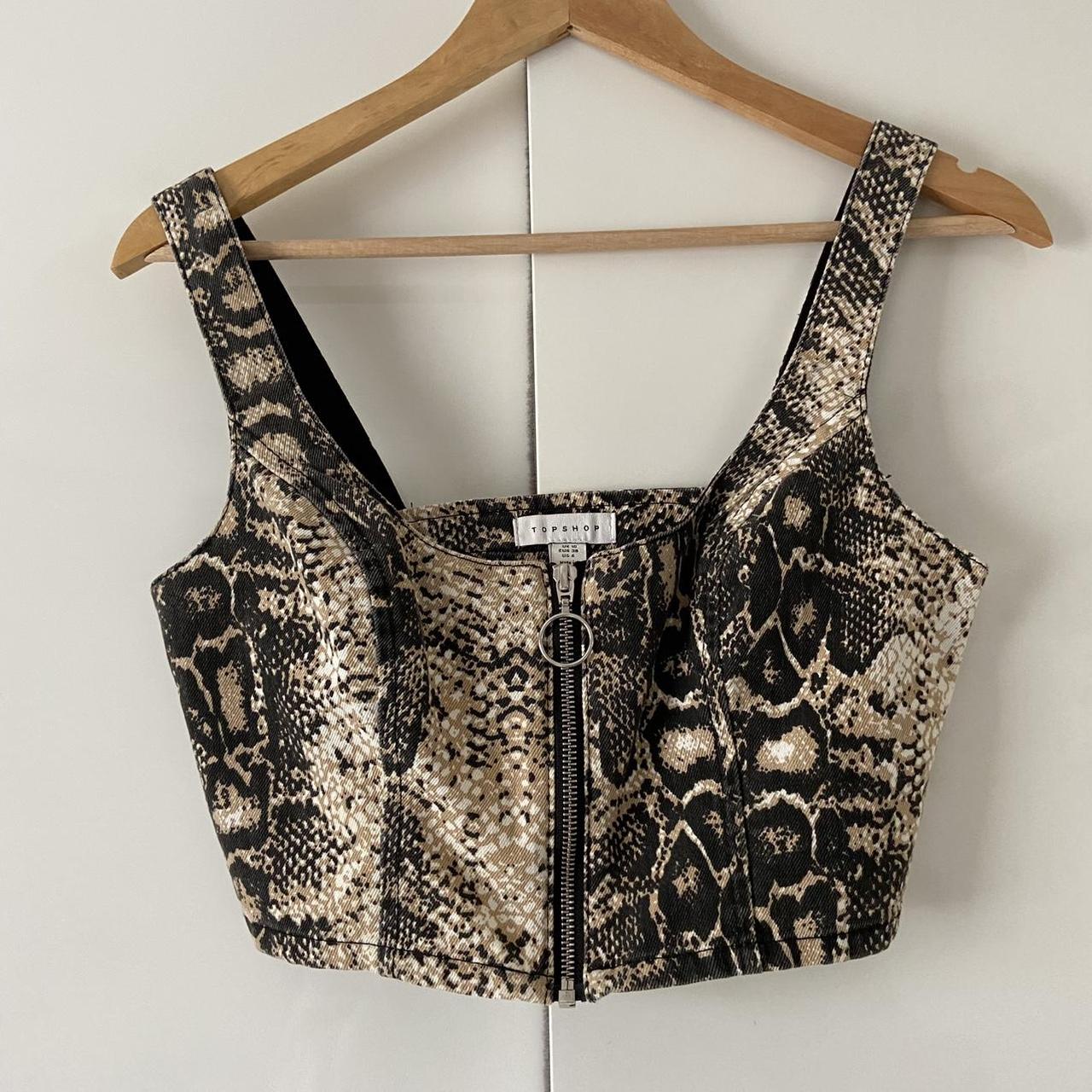 Snake print crop top with front zip... Depop