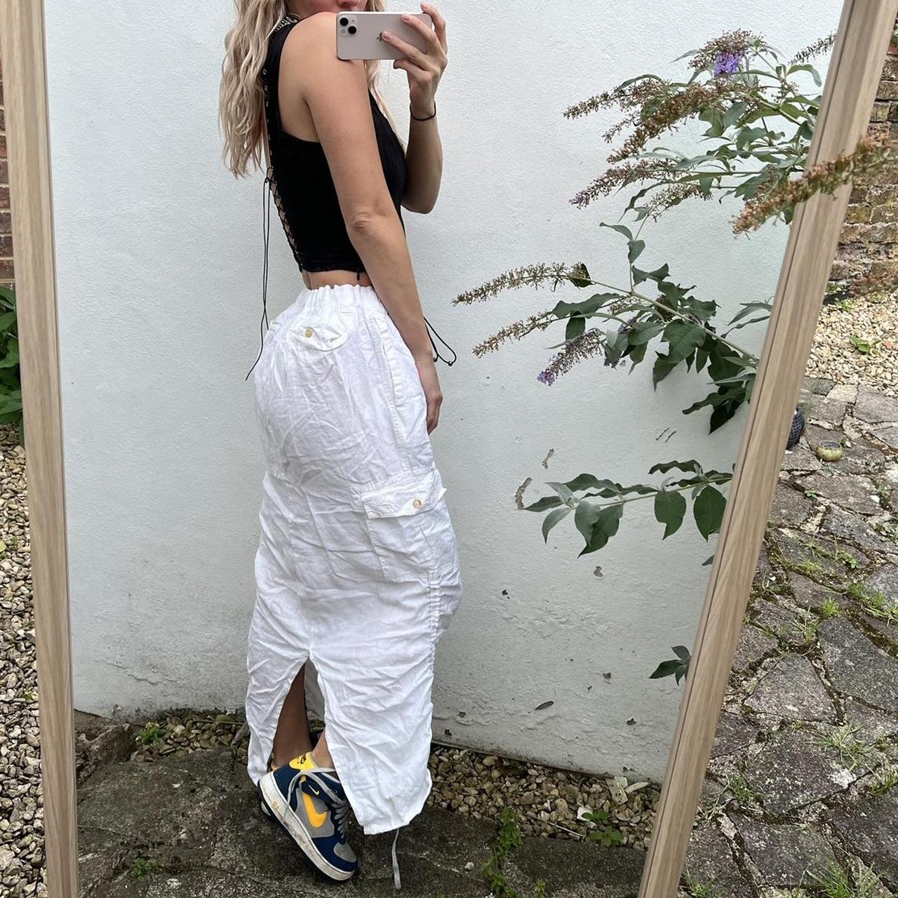 Vintage white linen cargo maxi skirt Stretchy waist... - Depop