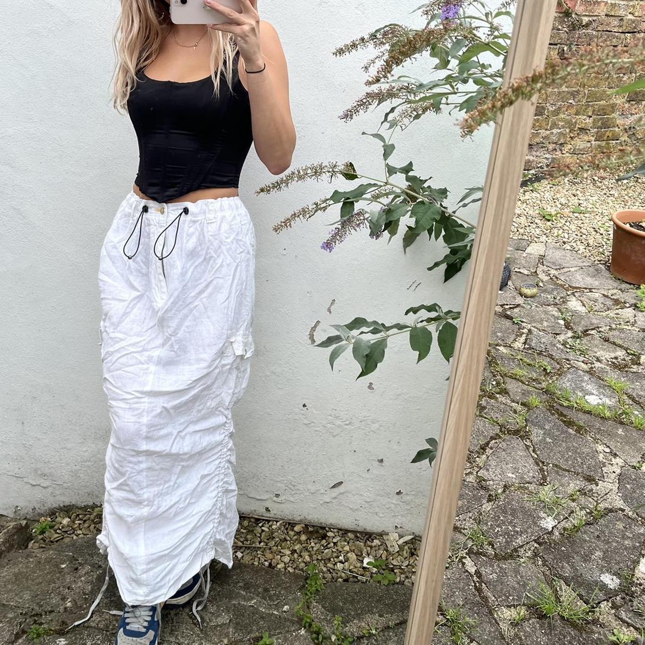 Vintage white linen cargo maxi skirt Stretchy waist... - Depop