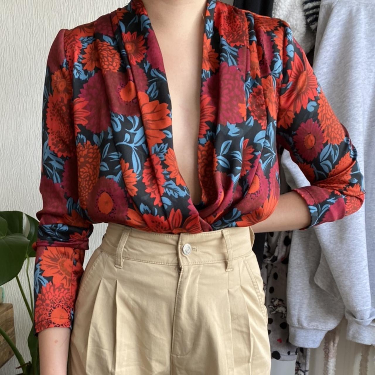 ZARA Red Floral Silky Bodysuit Top with Crossover Neckline - $25 - From  Ashleigh