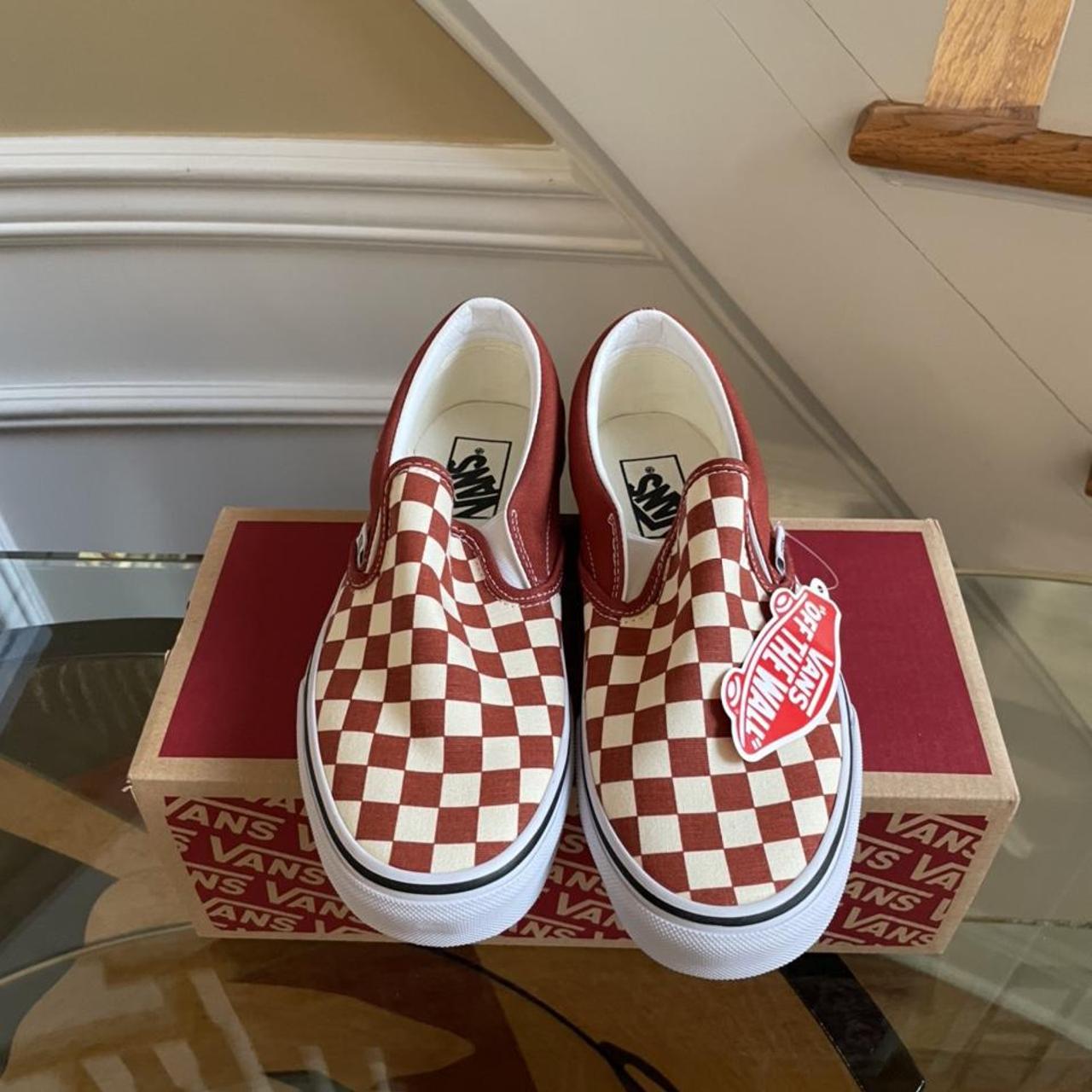 Vans Red & White Checkerboard Slip Ons // RARE COLOR... - Depop