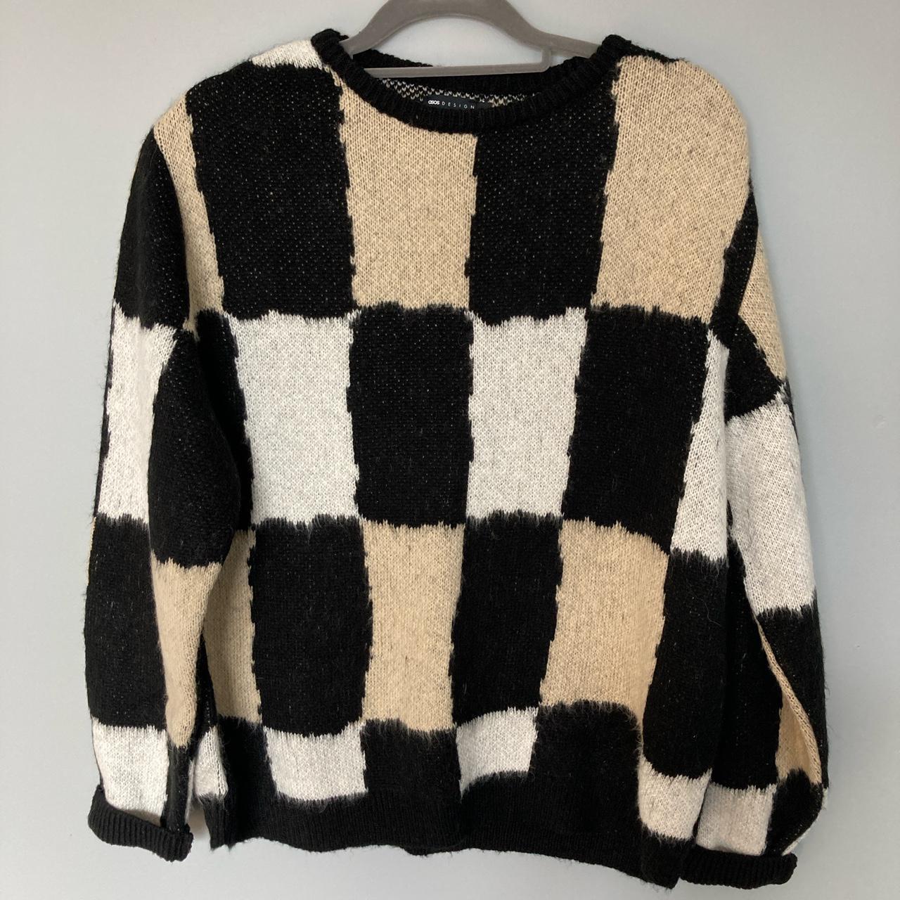 Oversized checkerboard knit sweater. So cozy and... - Depop
