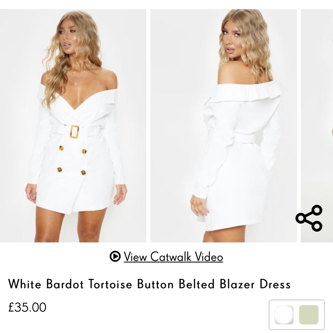 white bardot tortoise button belted blazer dress