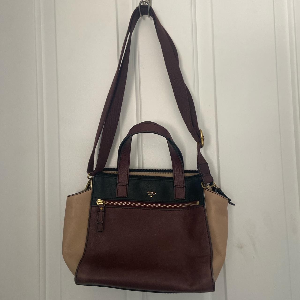 Fossil Women's Burgundy and Tan Bag | Depop