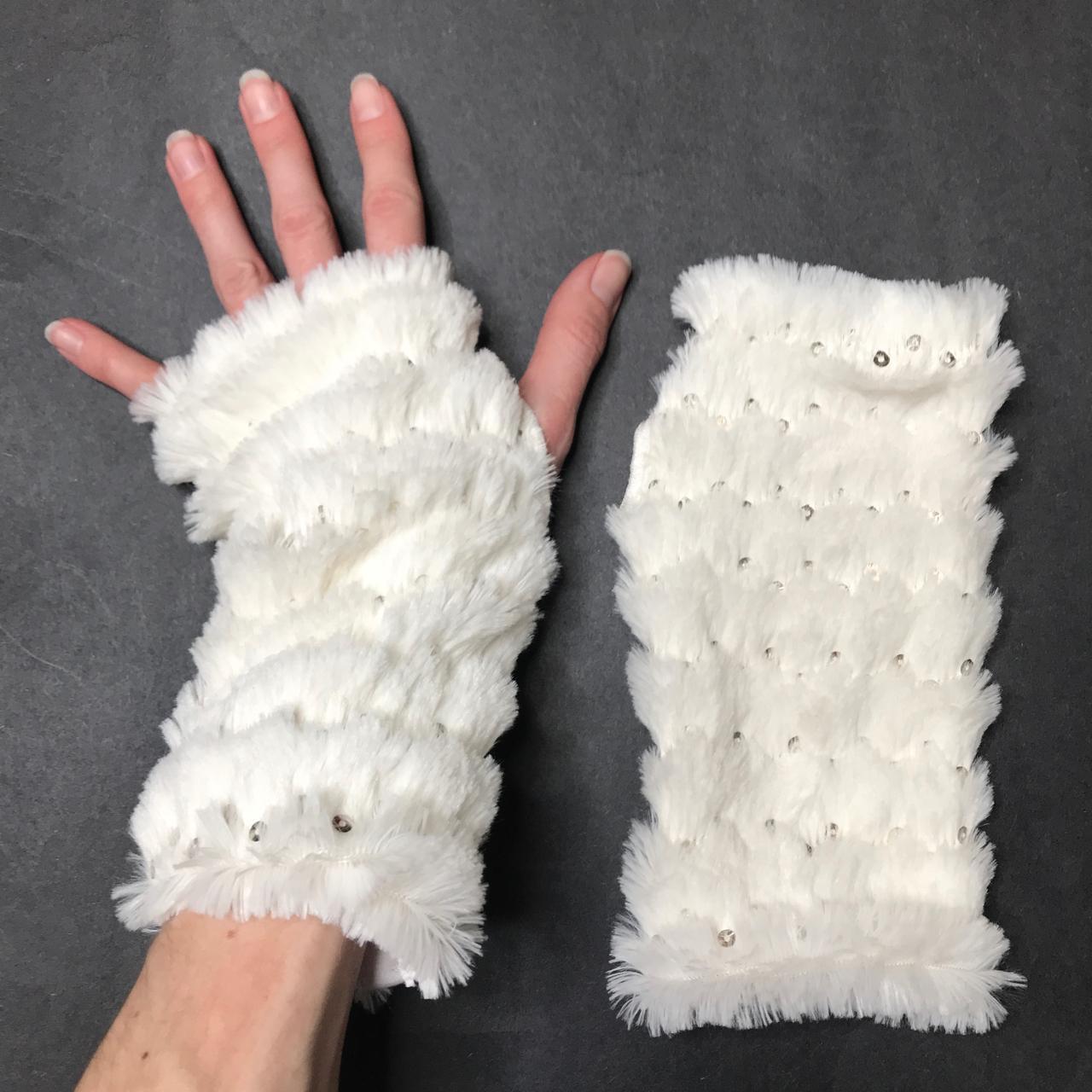 White Fuzzy Arm Warmers Sequin Fur Sherpa Gloves... Depop