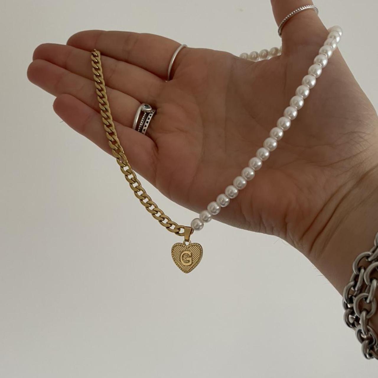 Half Pearl half chain Pearl heart initial necklace - Depop