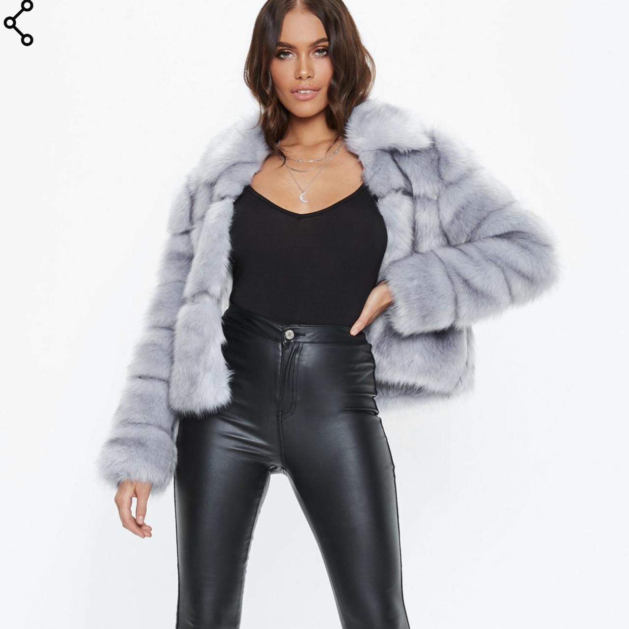 Premium blue crop outlet pelted faux fur jacket