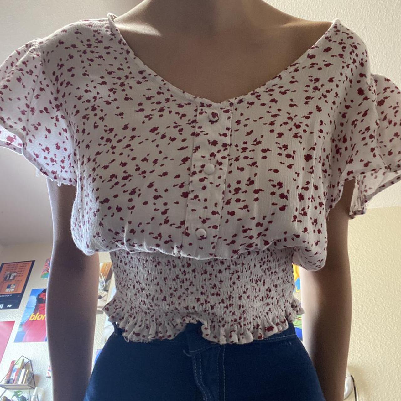 Small red and white floral blouse new without... - Depop