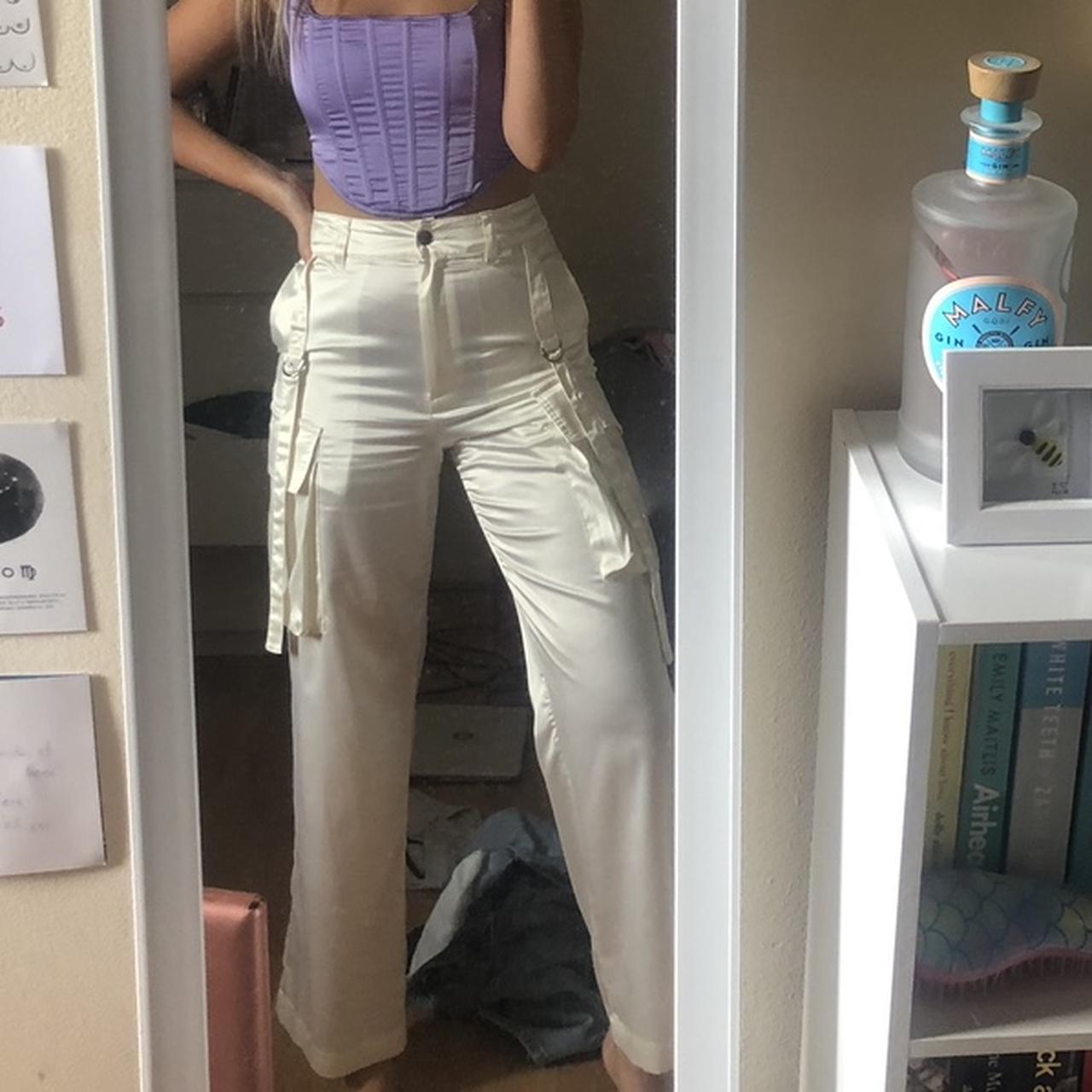 satin cargo pants, white / cream, wide leg, size 10,... Depop