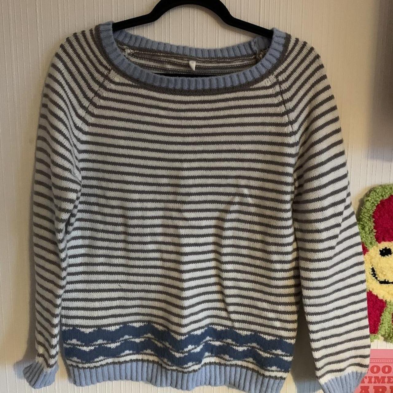 Cider Women's Blue and White Jumper | Depop