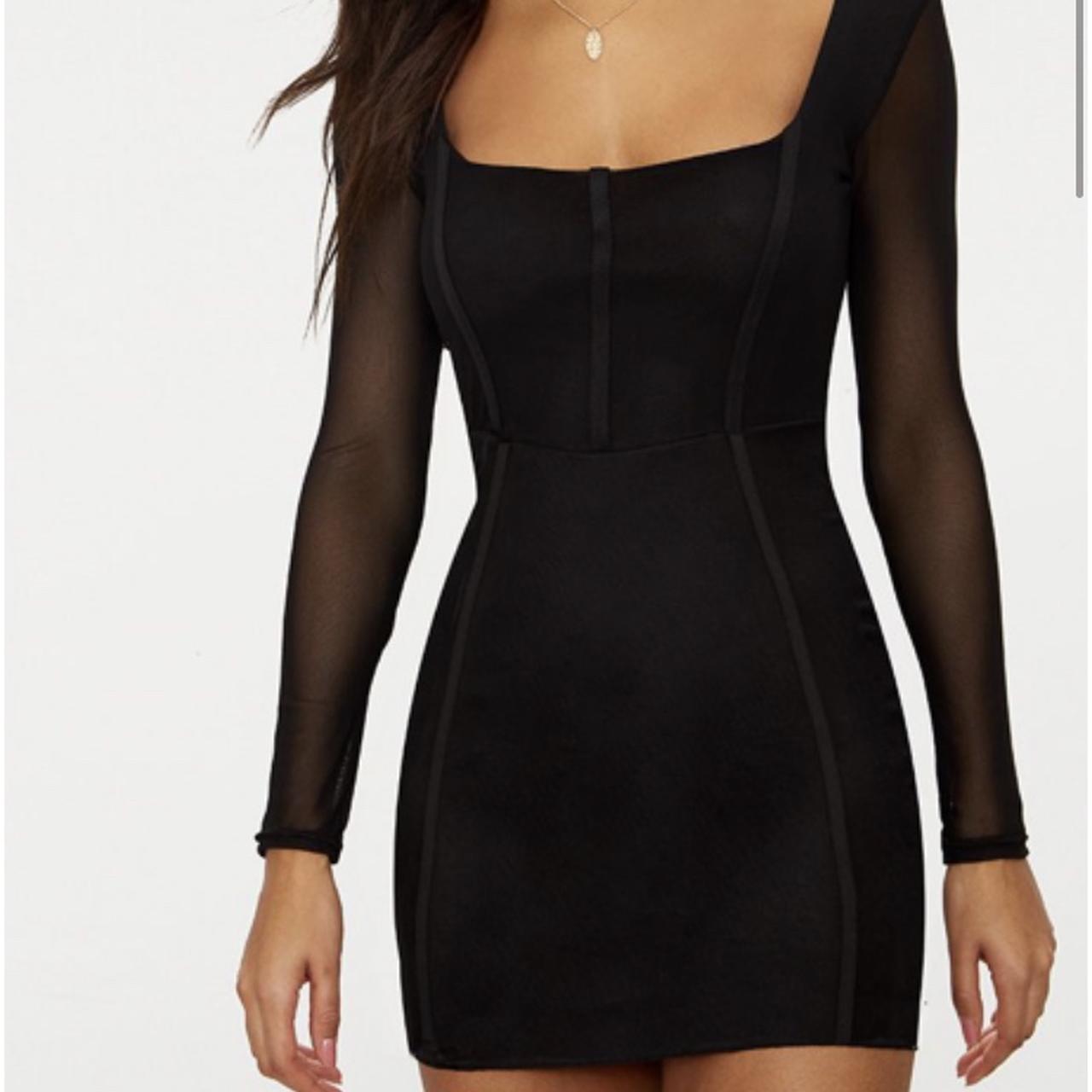 Black sheer mesh square top neck binding detail bodycon dress