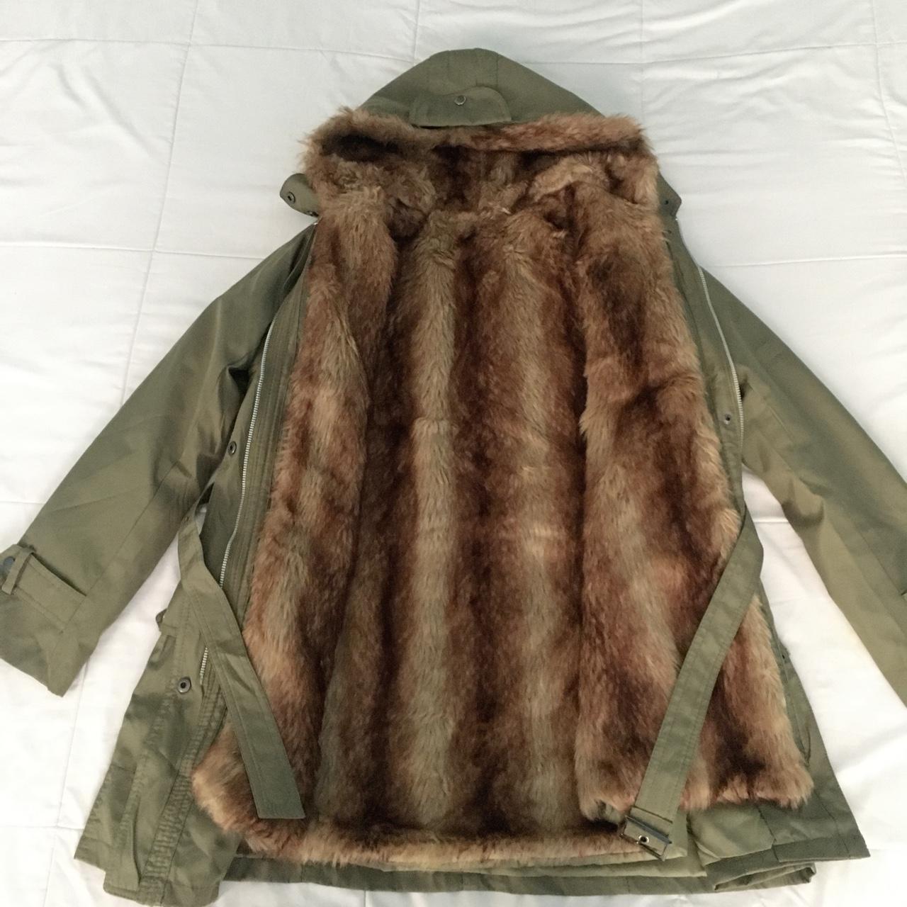 Women’s parka / coat; olive green, with belt,... Depop