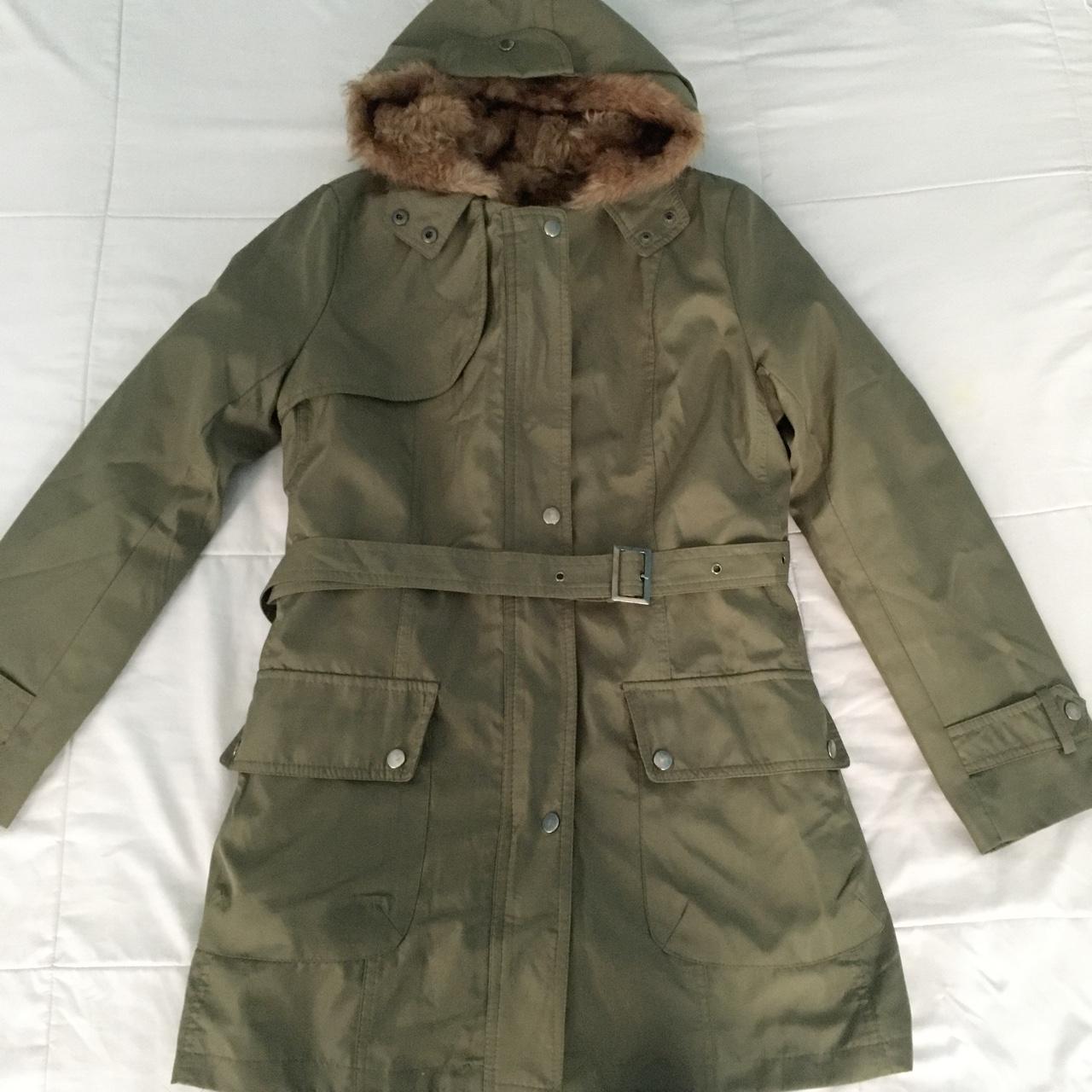 Women’s parka / coat; olive green, with belt,... - Depop