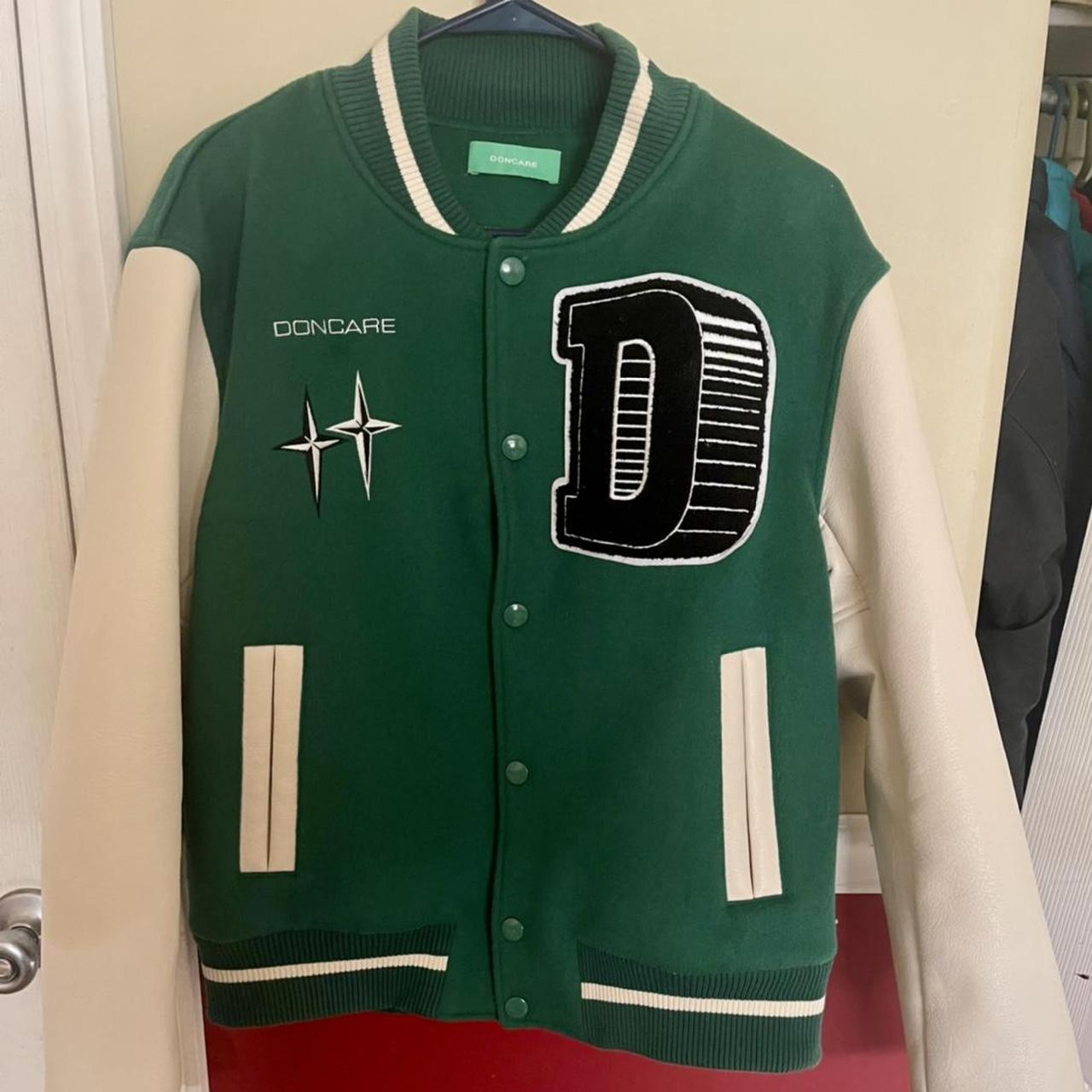 GREEN AND CREAM DONCARE VARSITY JACKET SIZE SMALL