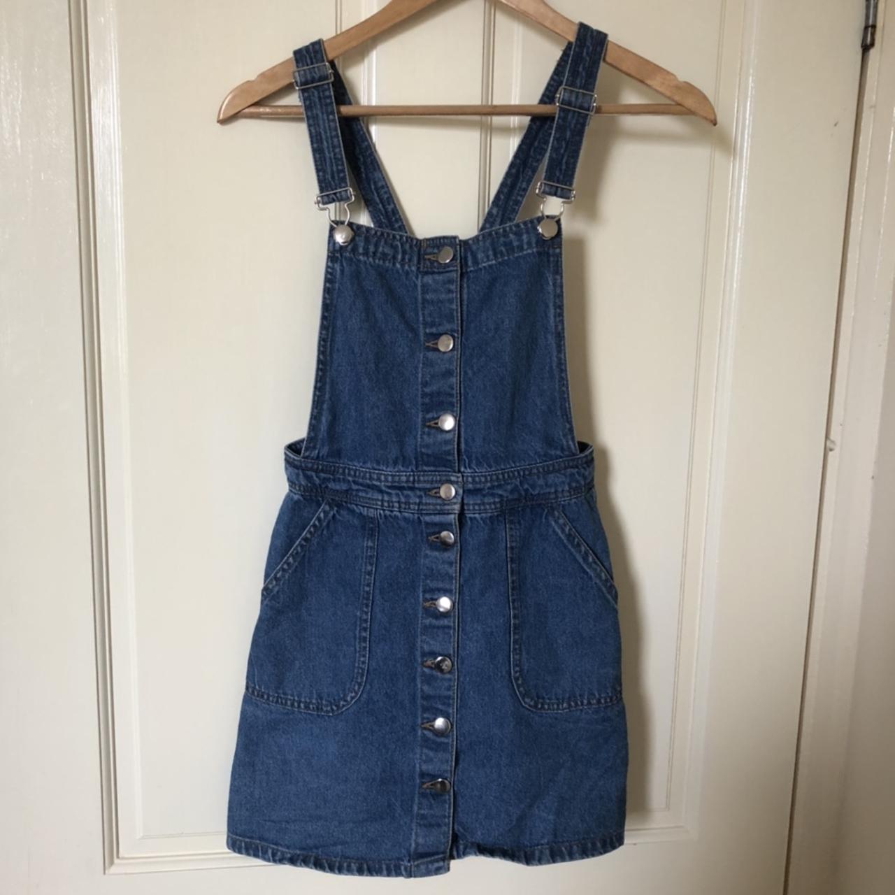 Blue denim button up pinafore dress from H&M... - Depop