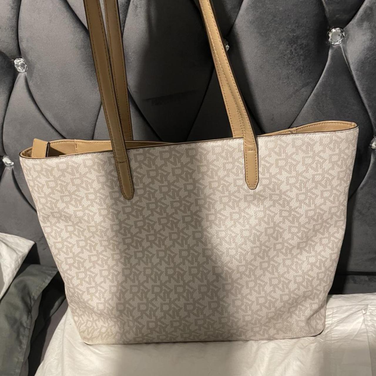 DKNY / all over logo cream and beige tote handbag... - Depop