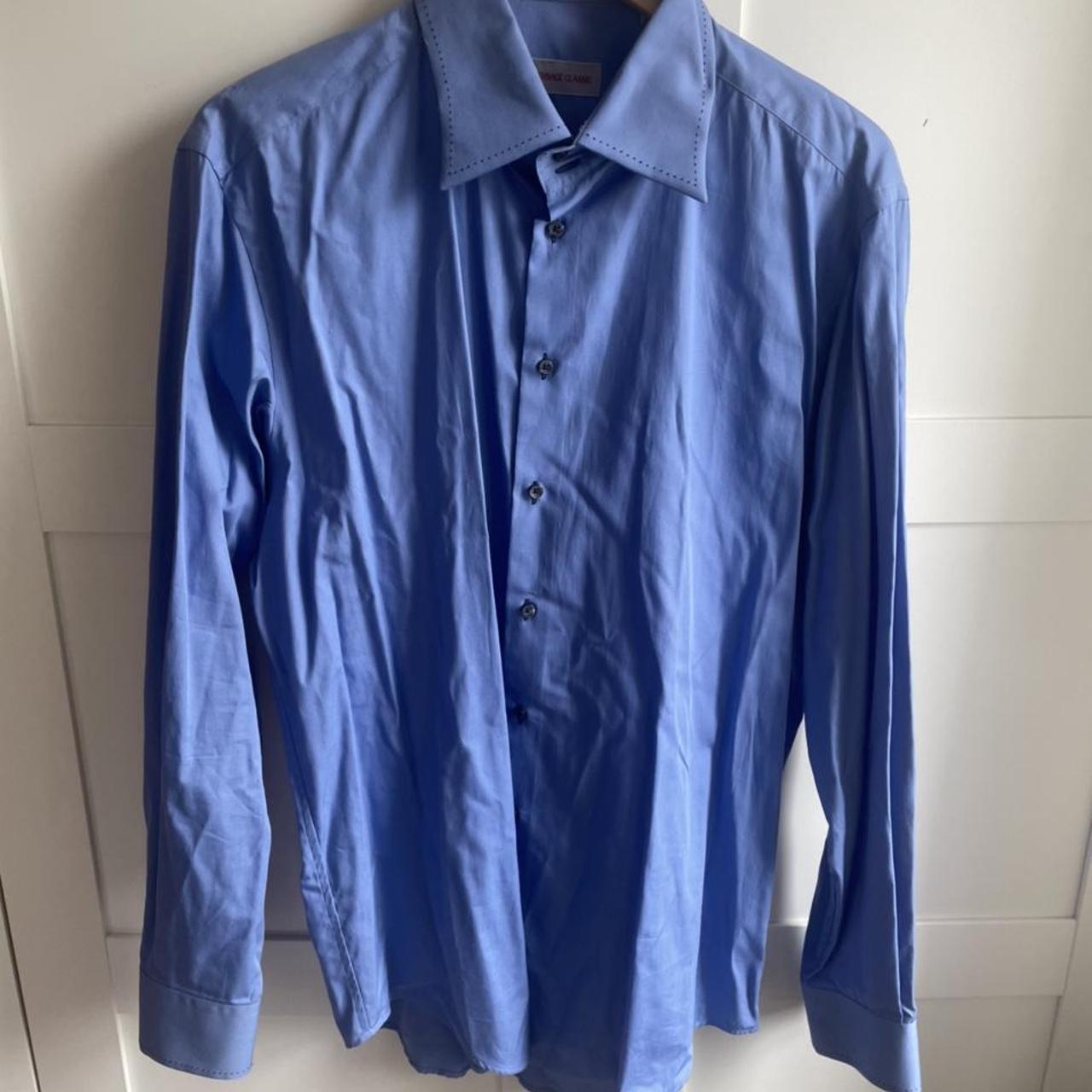 Vintage VERSACE classic shirt in blue with navy... - Depop