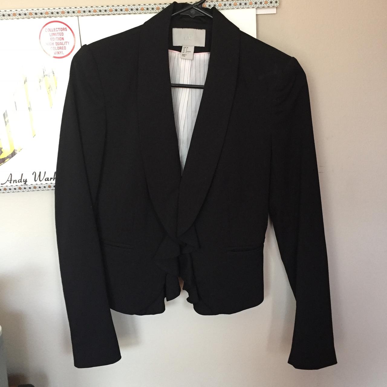 Black blazer with ruffles on the front and pin... - Depop