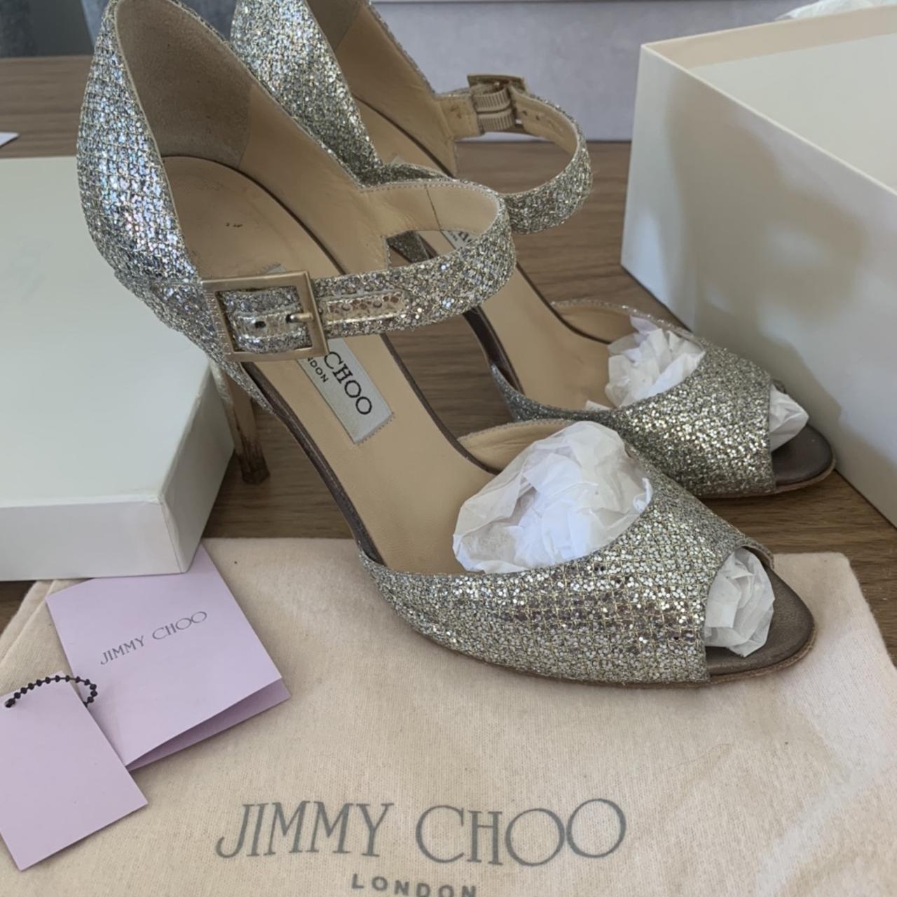 Jimmy Choo champagne heels, glitter fabric ., size 39...