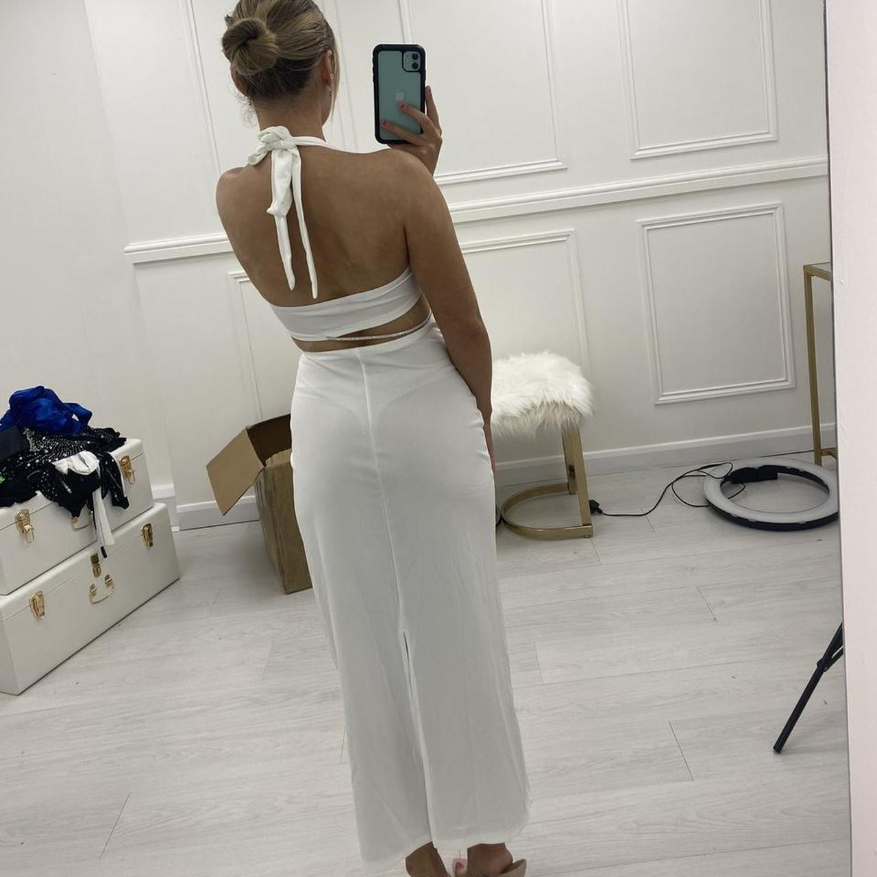 R587 White Maxi Dress Halter neck Diamanté twist... - Depop