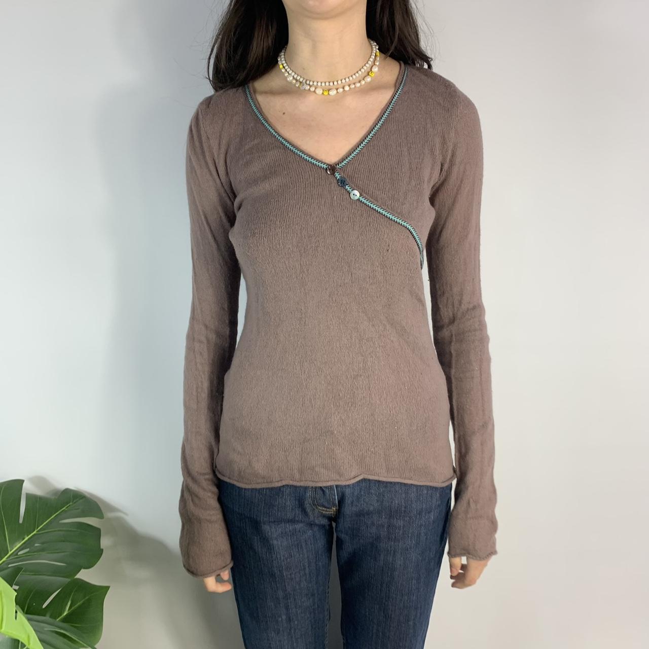 Sweet brown thin knit jumper with blue contrast Depop