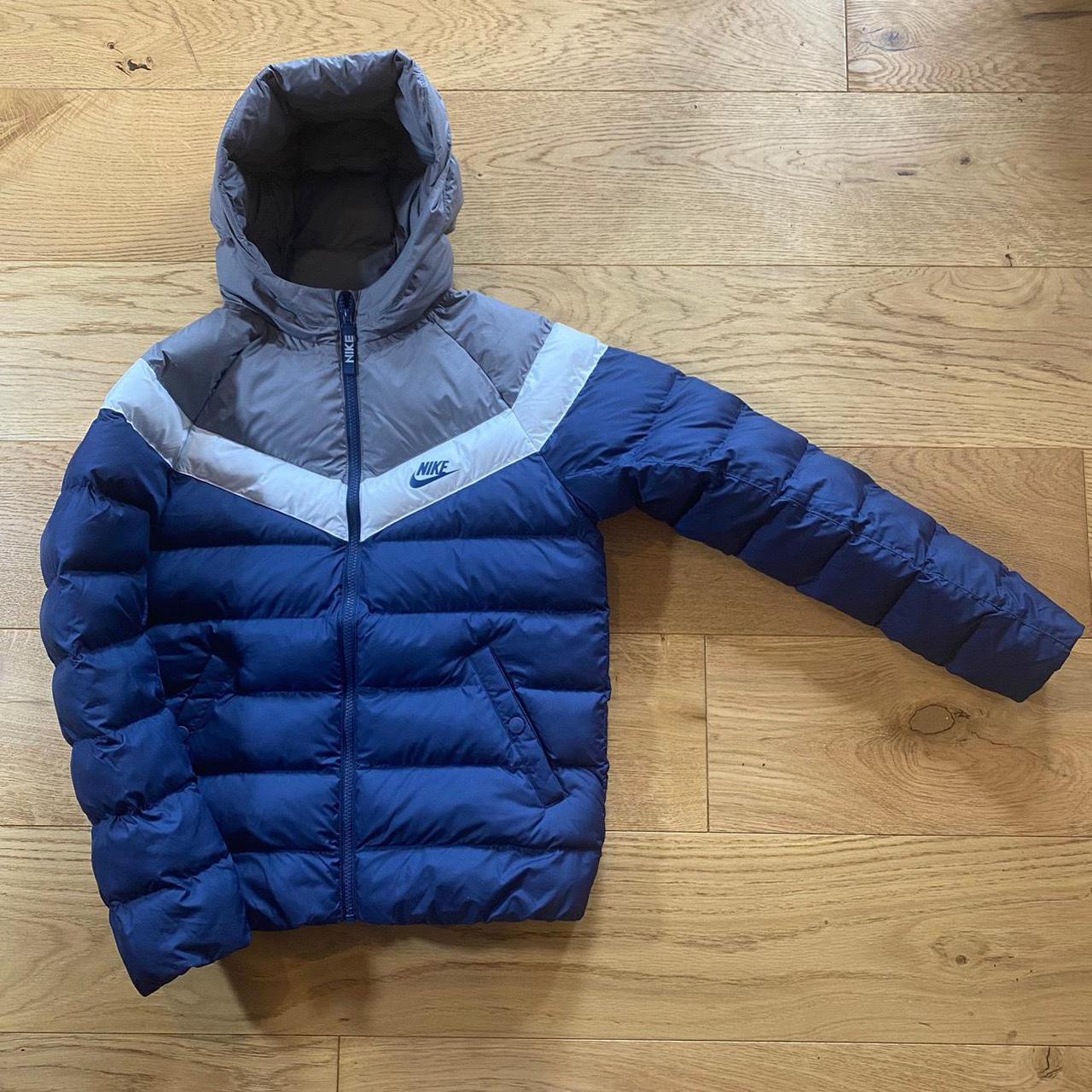 Grey White and Blue Nike Puffer Hooded - Youth... - Depop