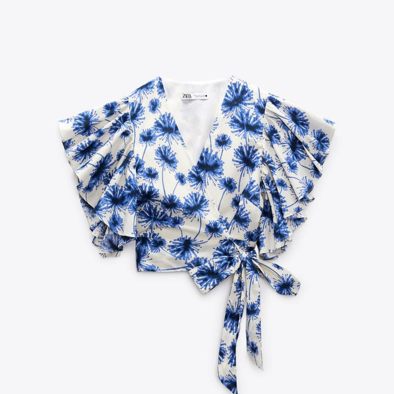 Zara Women's White and Blue Blouse Depop