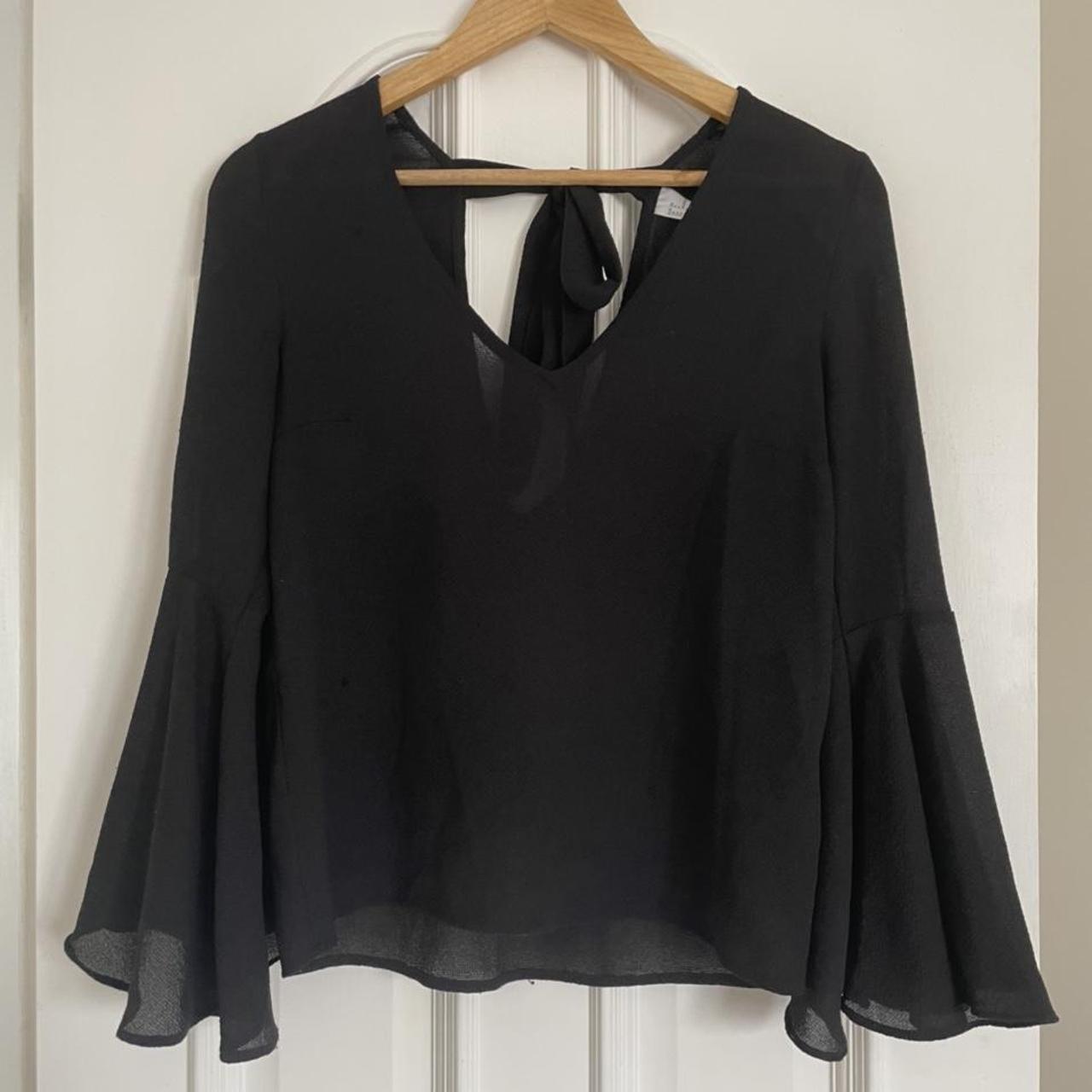 H&M black sheer blouse with v neck, v back and tie... - Depop