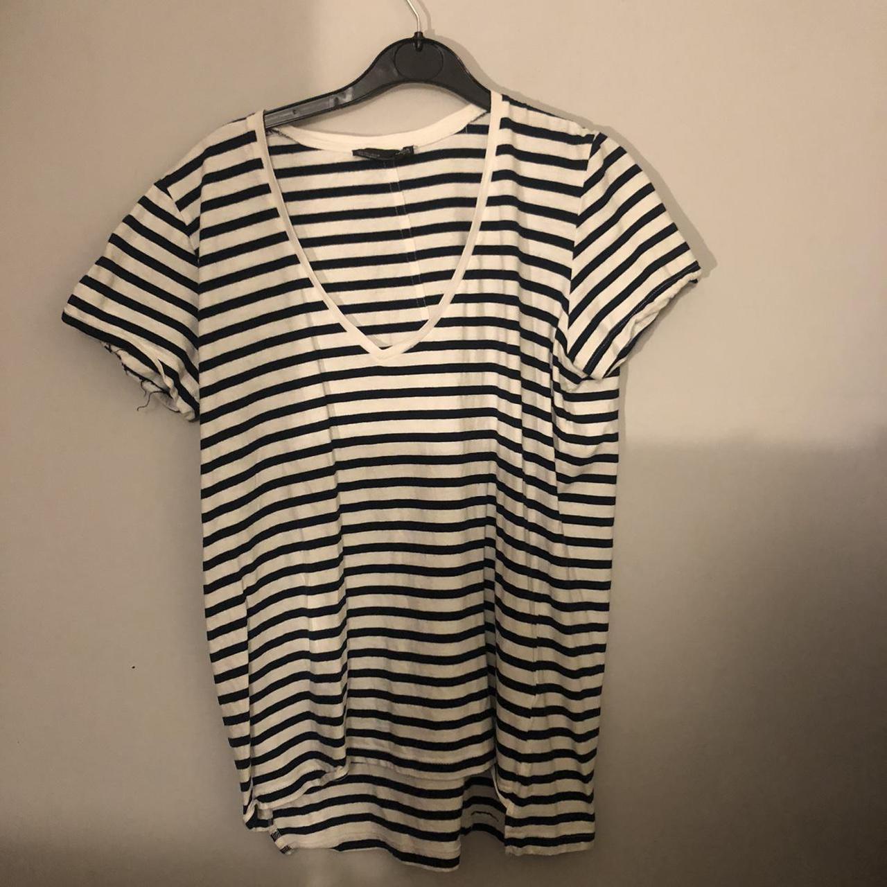 Navy and white striped v neck top - ZARA - size UK L... - Depop