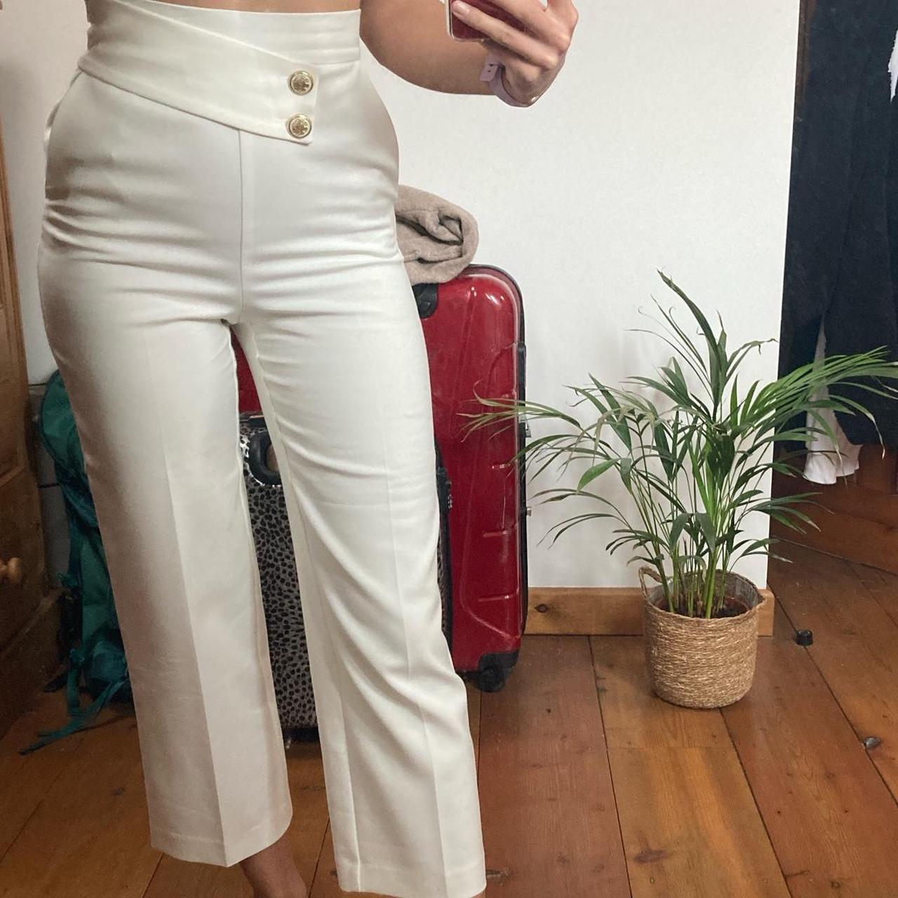 Zara cream high waisted trousers with gold buttons Depop