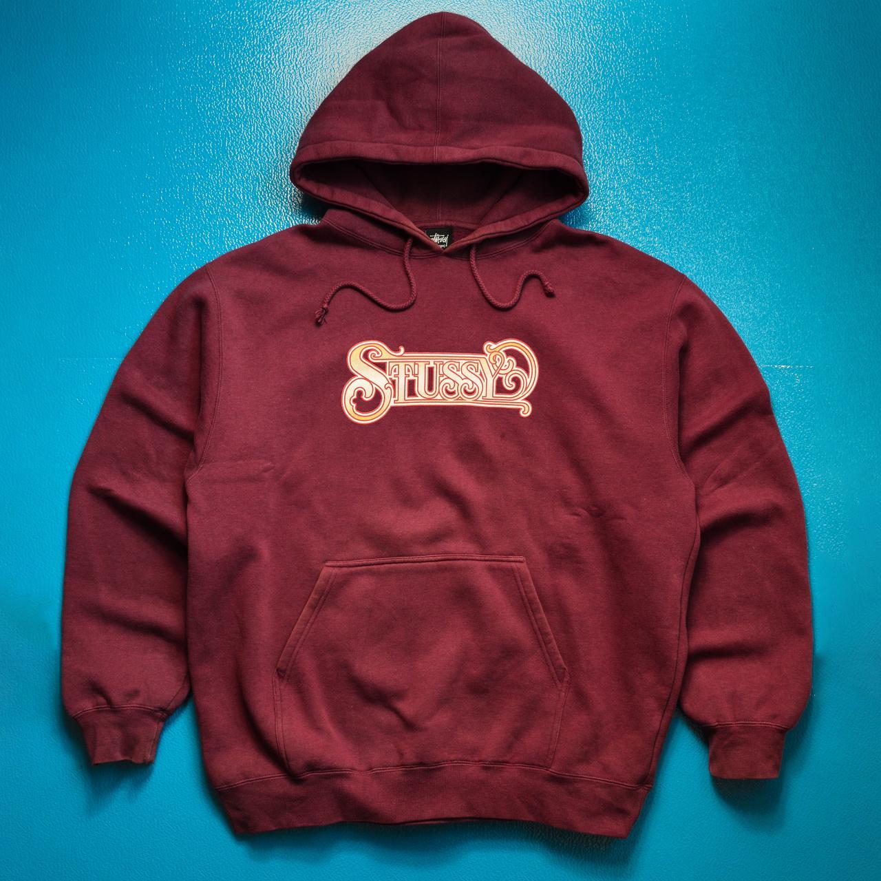Stussy Wine Red Classical Logo Pullover Hoody... - Depop