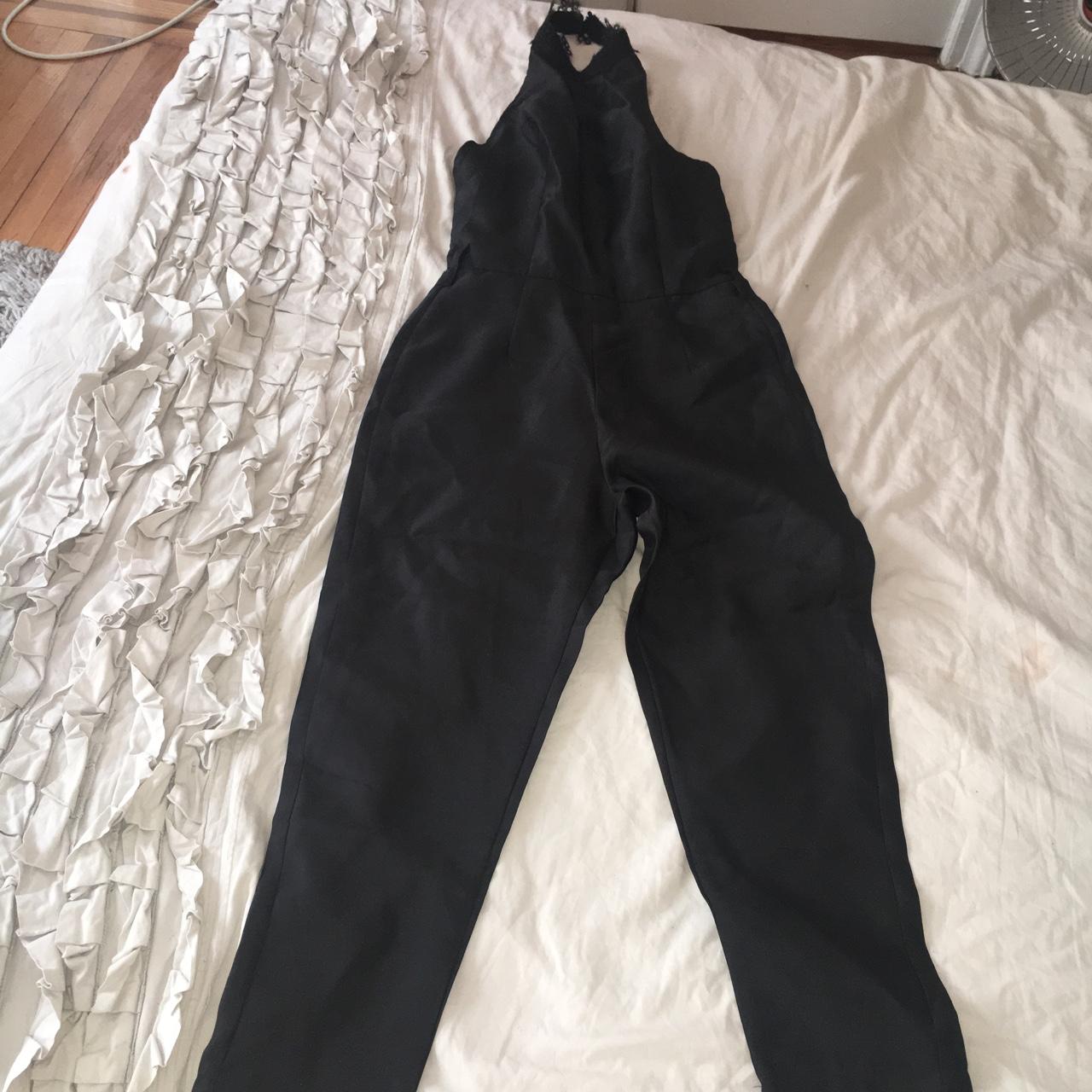 Black taffeta halter tuxedo cropped jumpsuit. Lace... - Depop