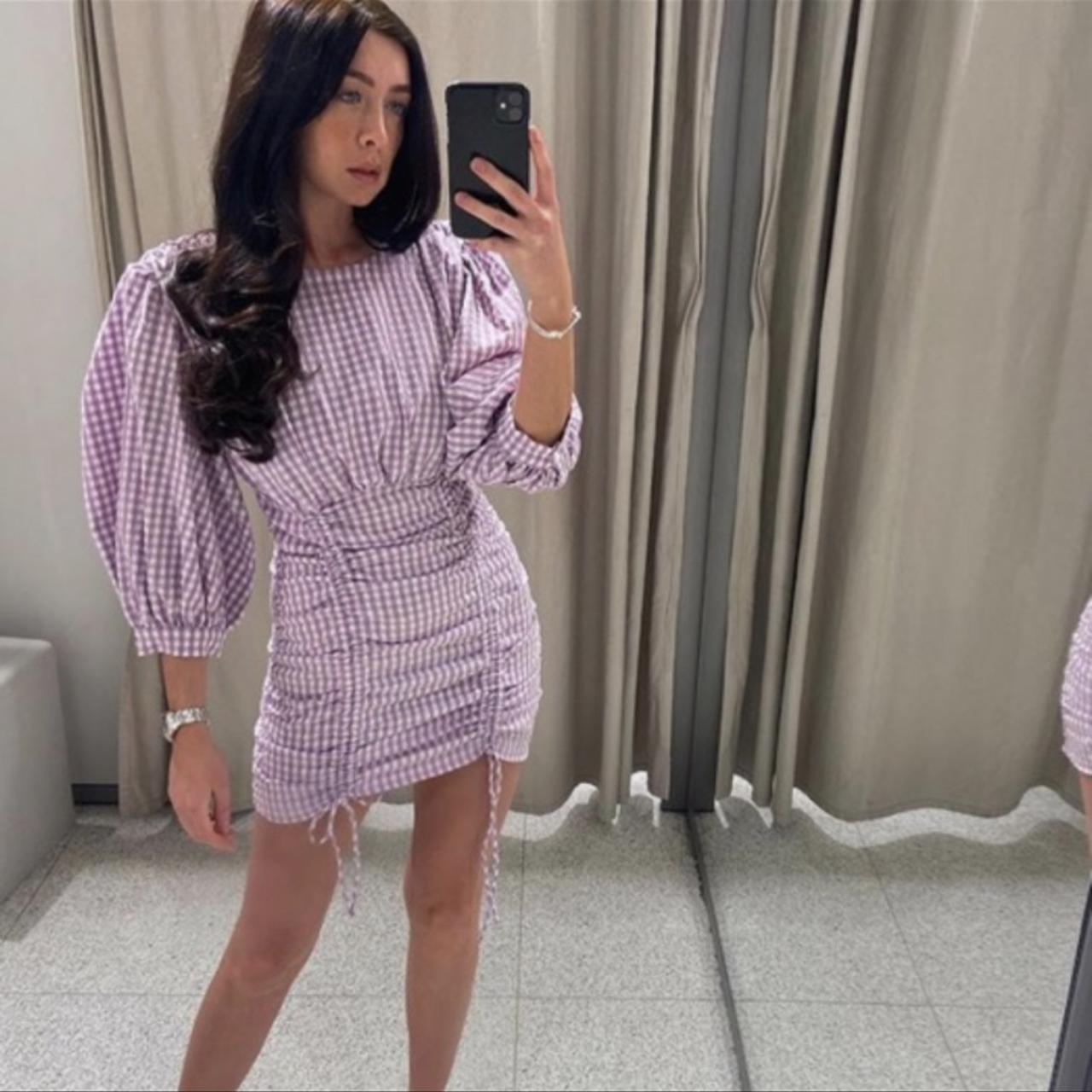 Zara gingham purple dress ruched puff sleeve - Depop