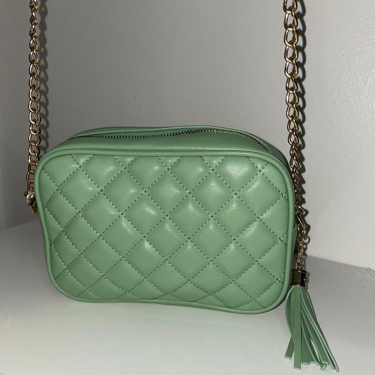 Mint Green Quilted Purse with Gold Chain Fringe... - Depop