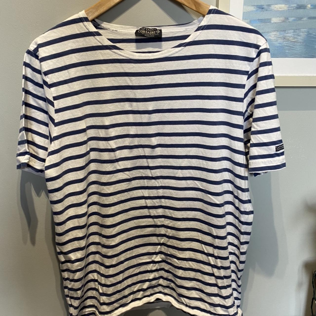 White and Blue striped T-shirt, a boxy fit medium,... - Depop