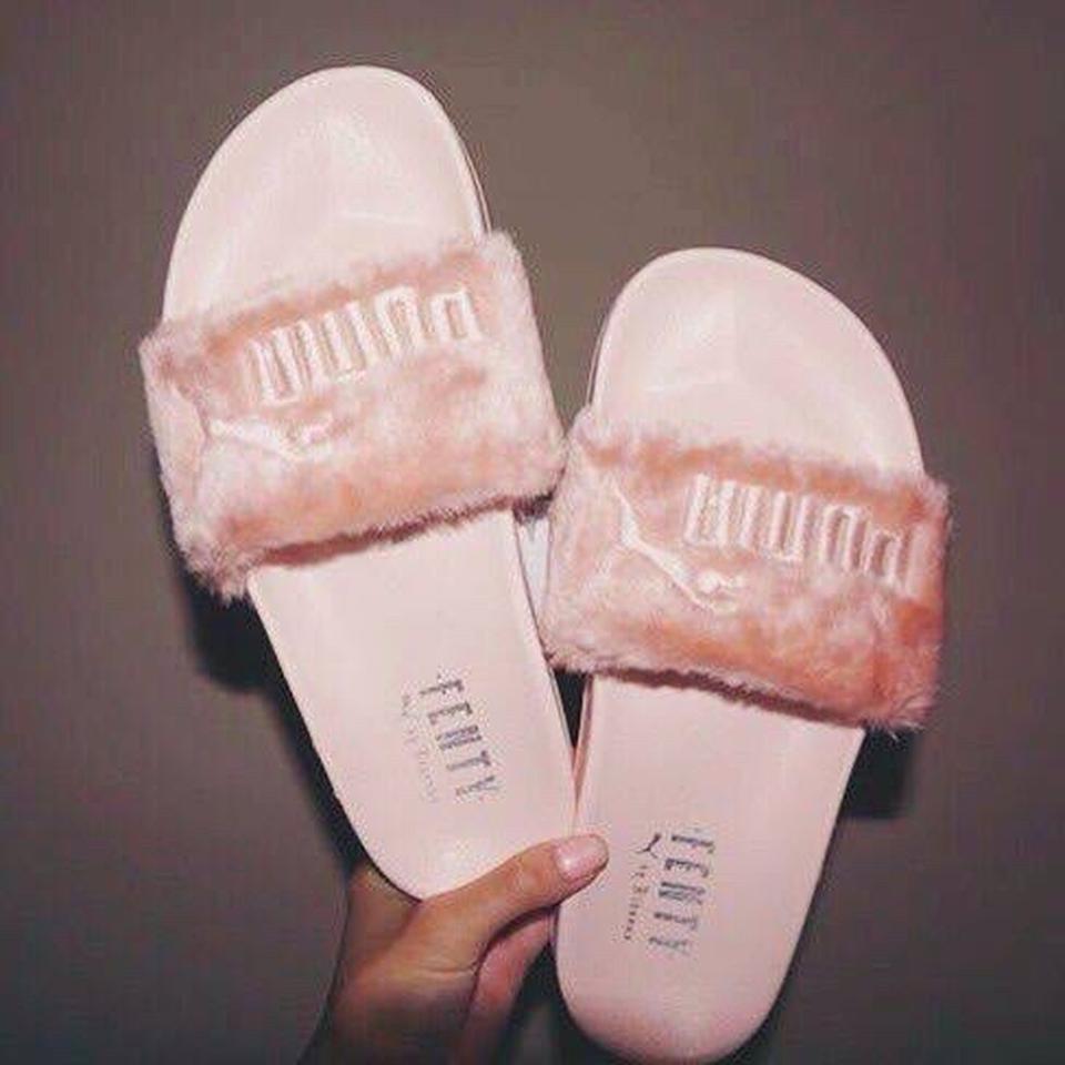 pink puma fur slides