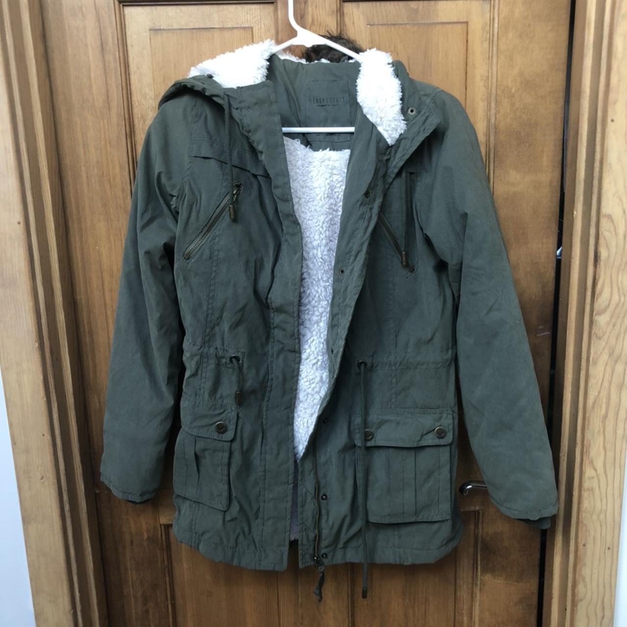 Aeropostale Army Green Long Hooded Parka w sherpa... - Depop