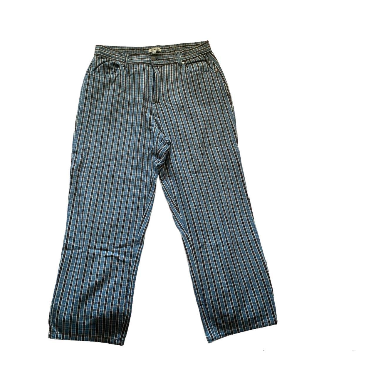 Ghanda blue checkered straight leg pants size 12... - Depop