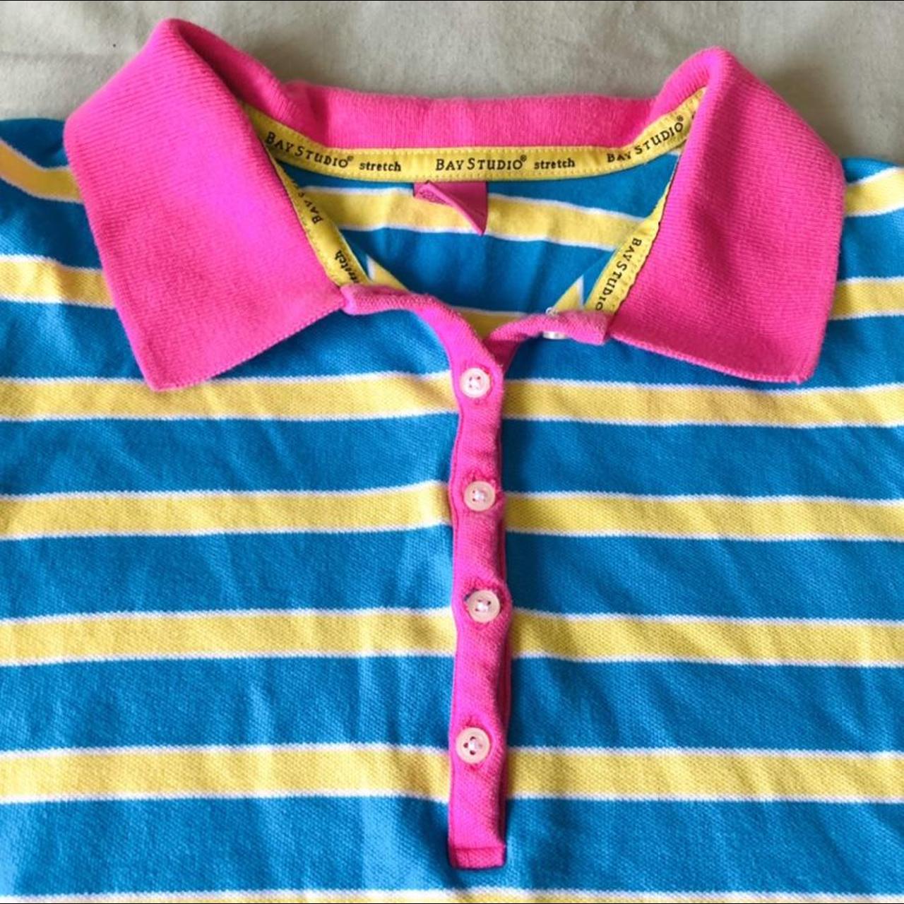 cute pink yellow and blue striped sleeveless polo... - Depop