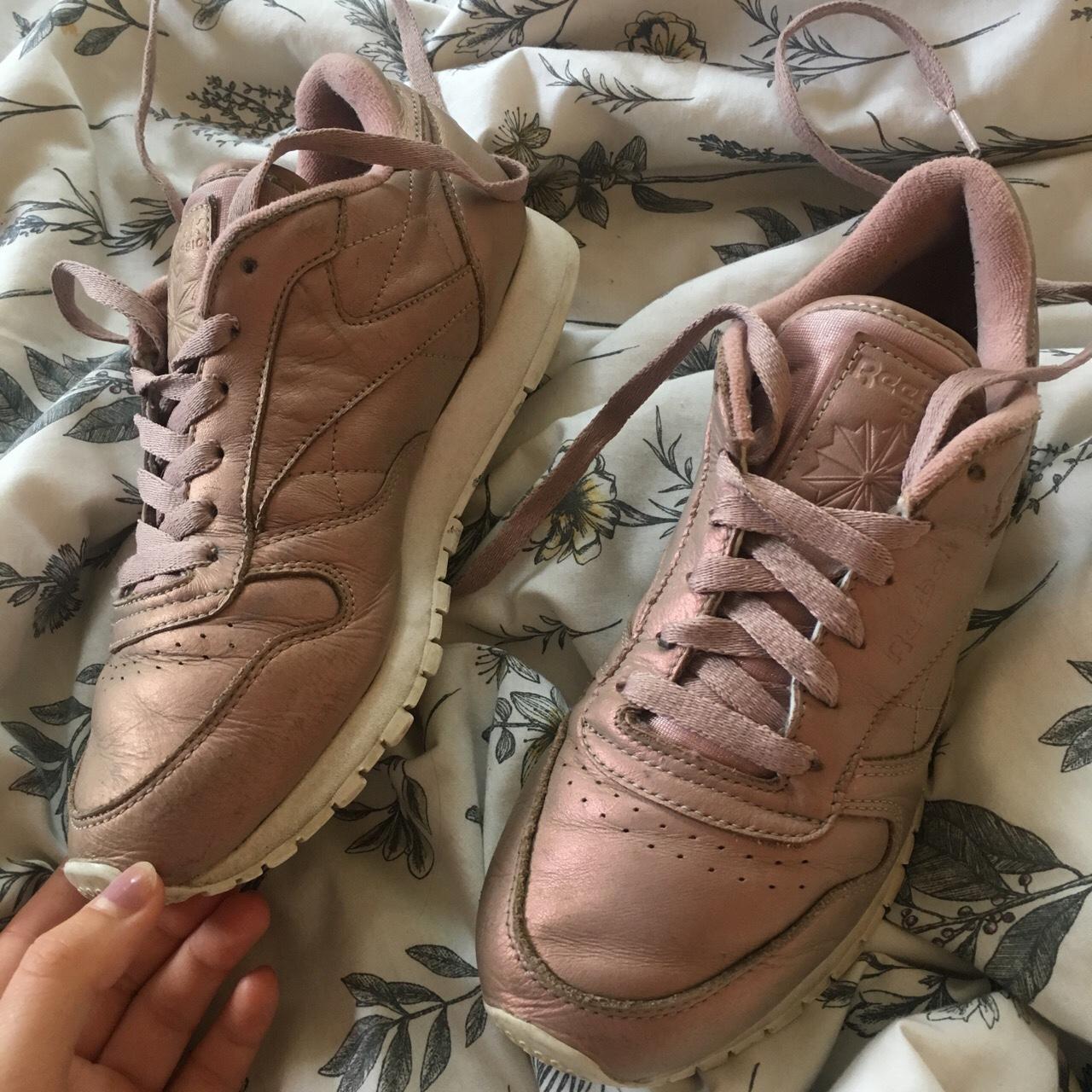 Reebok rose gold pearl pink trainers Size 5... - Depop