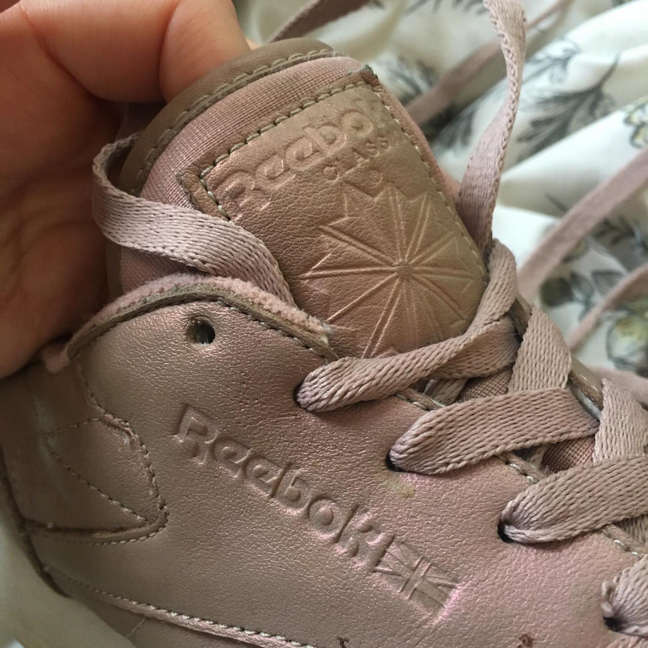 Reebok rose gold pearl pink trainers Size 5... - Depop