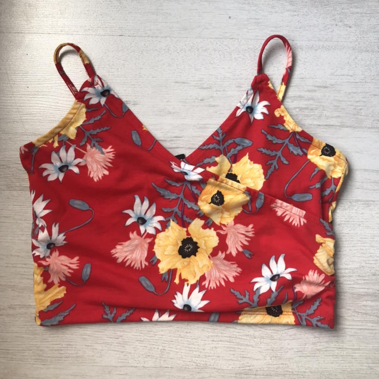 Red floral crop top H&M size S - red and yellow... - Depop