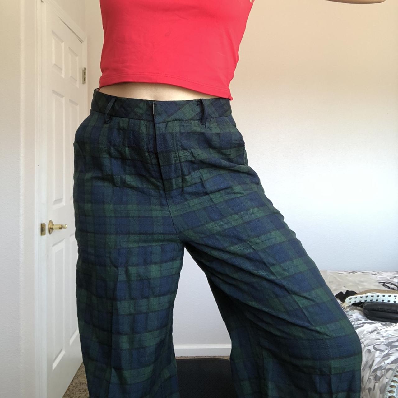 UNIF BLUE GREEN PLAID PANTS straight leg thin... - Depop