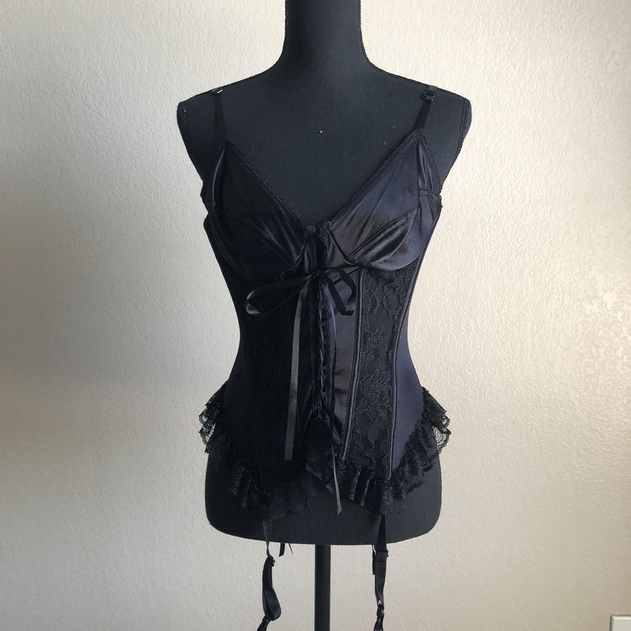 vintage black lace lingerie corset size medium/large... - Depop