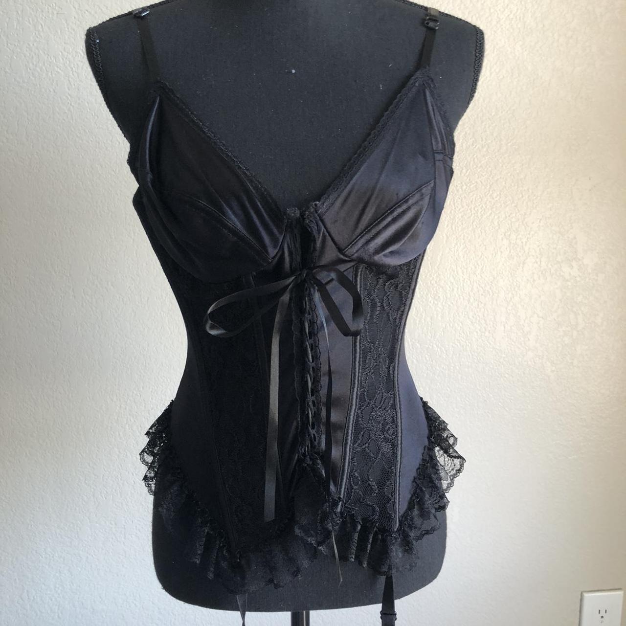 vintage black lace lingerie corset size medium/large... - Depop