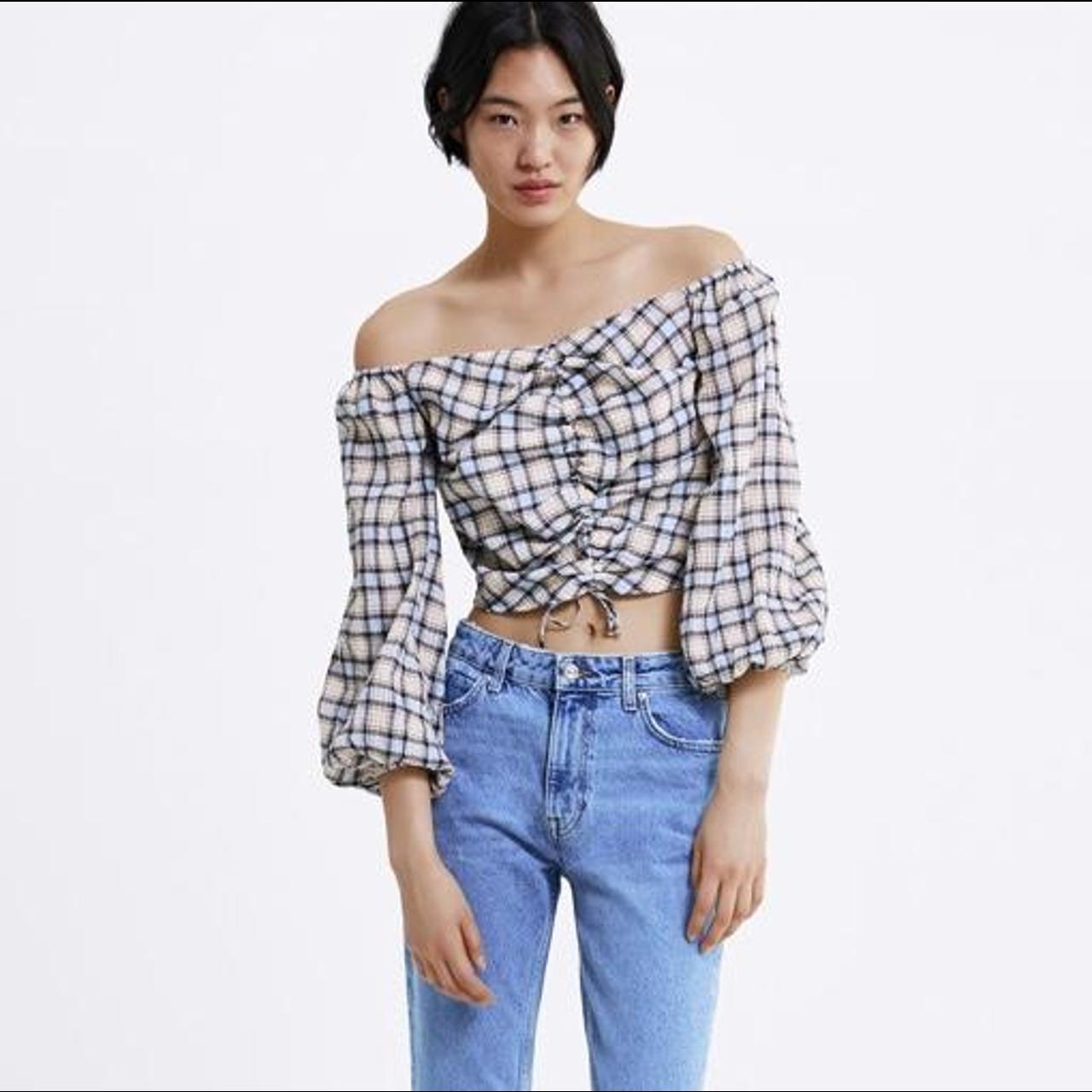 Zara checked crop top Ruched drawstring... Depop