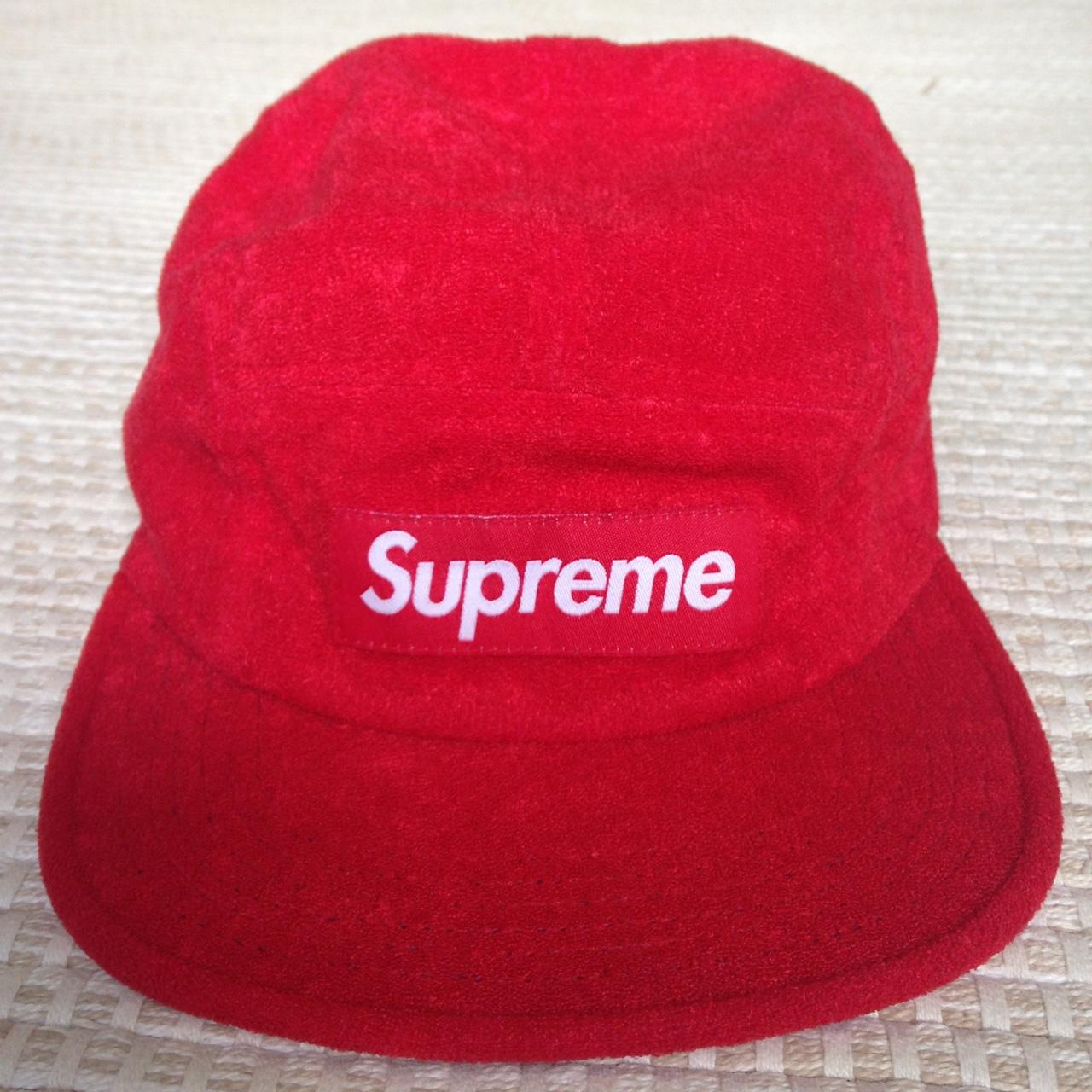 Red Supreme Metallic Camp 5 Panel Hat Check pictures - Depop