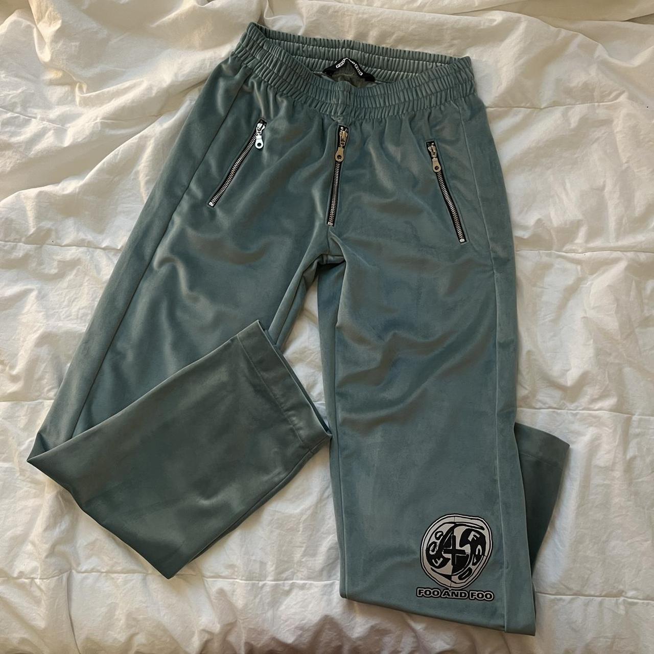 Foo and Foo three zipper turquoise sweats with patch... - Depop
