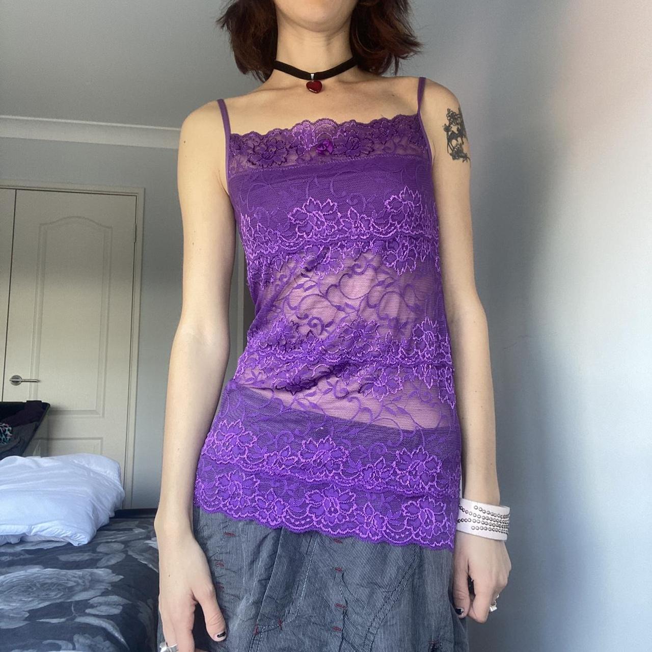 purple sheer lace singlet top with lil bow on bust,... - Depop